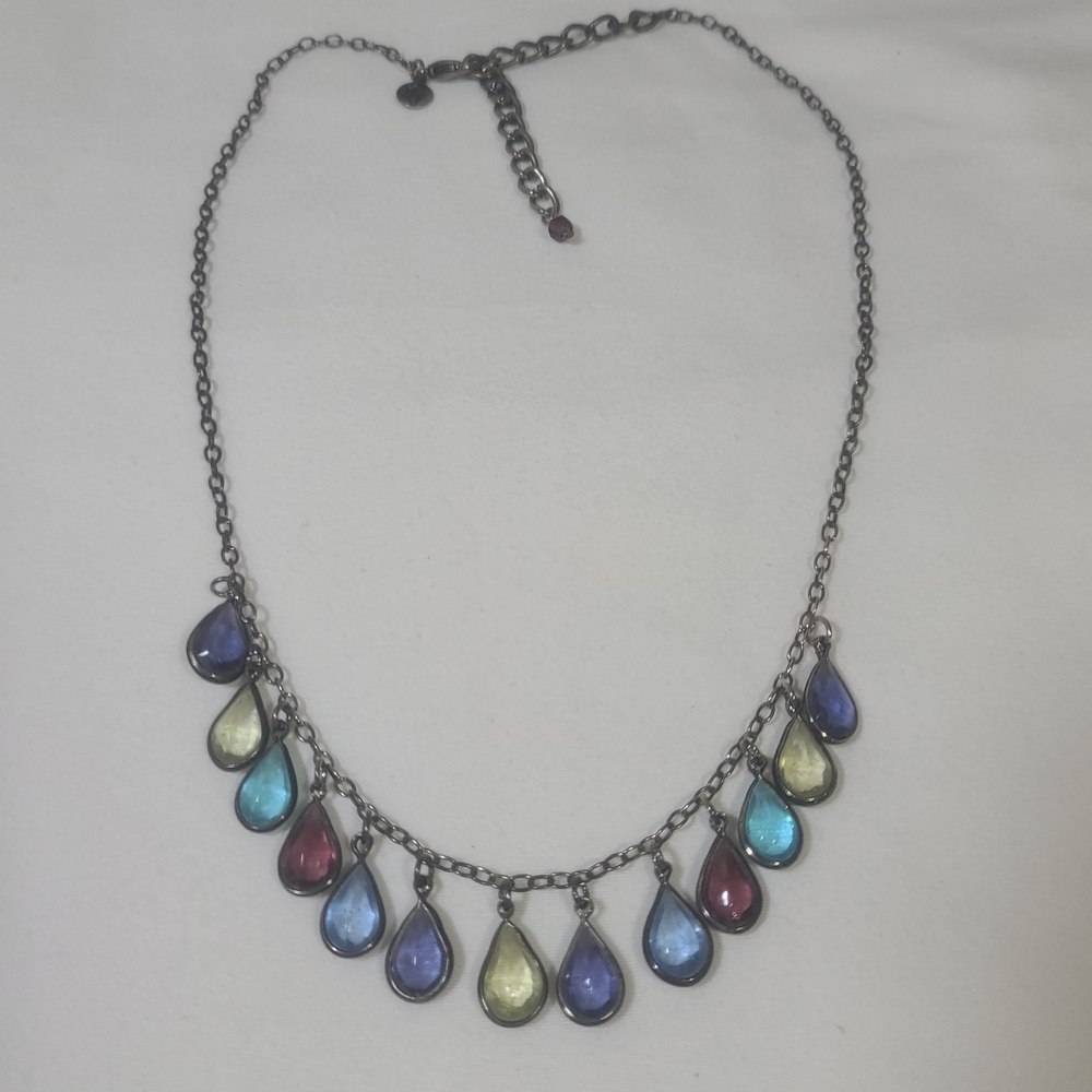 VJ Vicky Jousan Signed Rainbow Multi Color Glass Gemstone Silver Tone Necklace